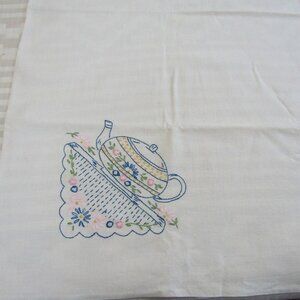 Vintage linen square luncheon tablecloth embroidered teapot and flowers 32"